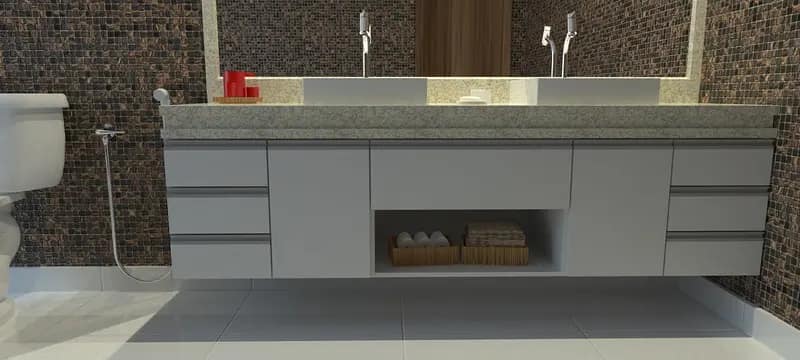 Projeto 3D de banheiro com gabinete suspenso e cubas duplas