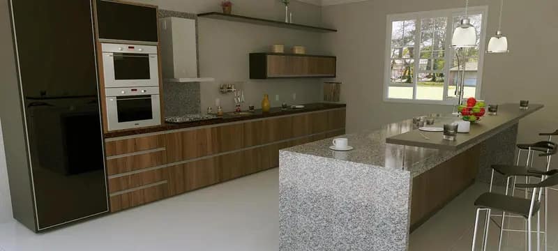 Projeto 3D de cozinha planejada com ilha em L e armários pretos
