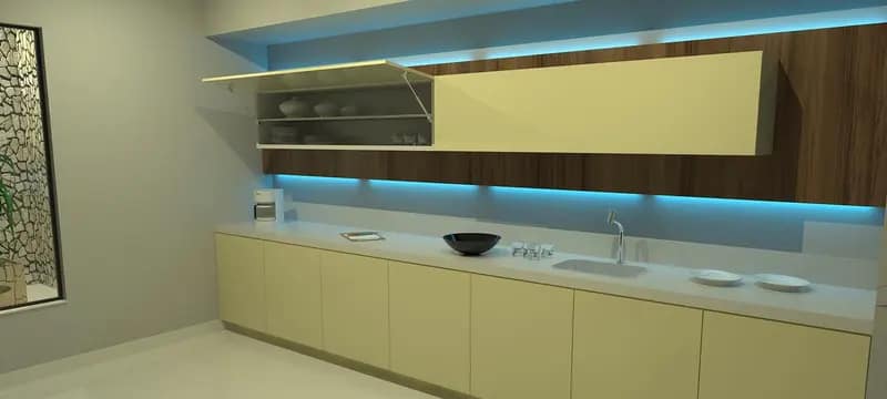 Projeto 3D de cozinha planejada amadeirada com bancada em granito