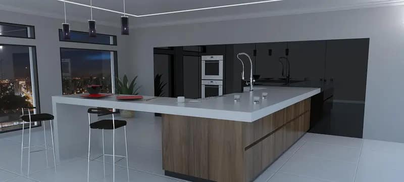 Projeto 3D de cozinha planejada com armários em laca e fita de LED