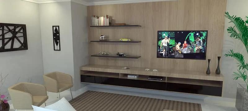 Projeto 3D de sala de TV com painel amadeirado e prateleiras