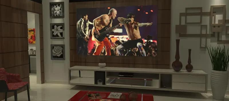 Projeto 3D de home theater com painel e nichos decorativos