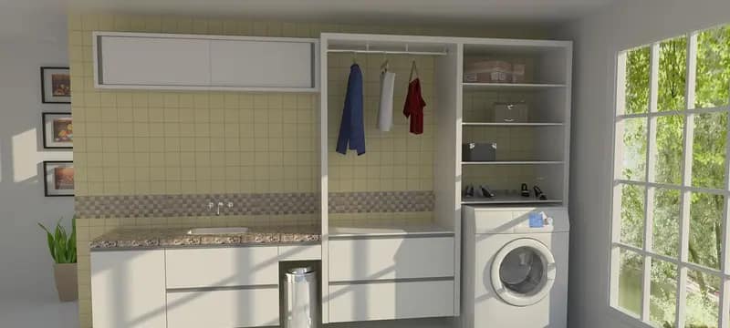 Projeto 3D de lavanderia planejada com armários e cabideiro